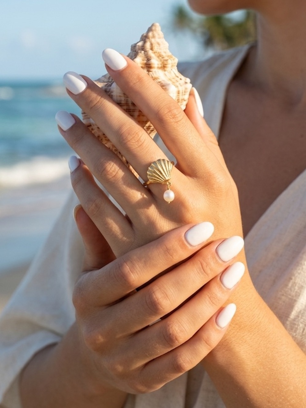 Gold Seashell Pearl Drop Ring - 316 Stainless Steel